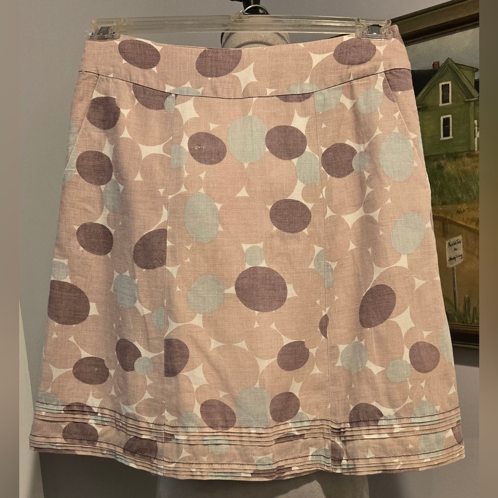 Boden Linen A-line skirt tans gray seafoam circles double border sz 2P